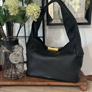 Donna Karan Black Pebbled Leather Shoulder Hobo with Gold Accent